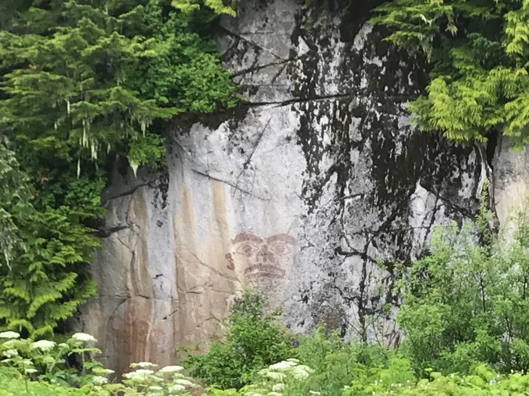 An ancient Tsimshian pictograph painted on a rock face along Highway 16 toward Prince Rupert