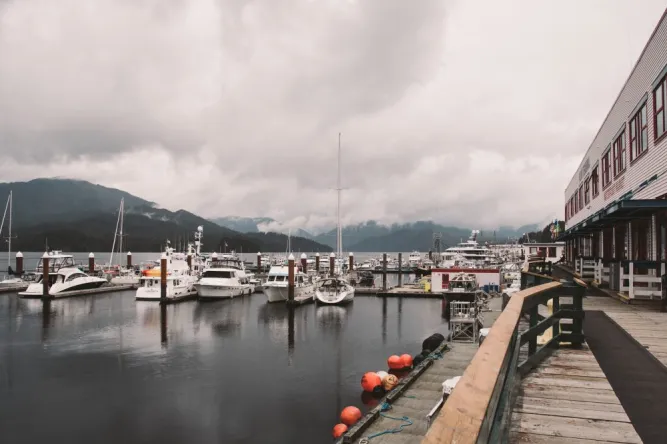 boats and dock in cow bay in prince rupert on route 16