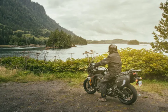 motorcycle riding along the hecate strait on route 16 between terrace and prince rupert